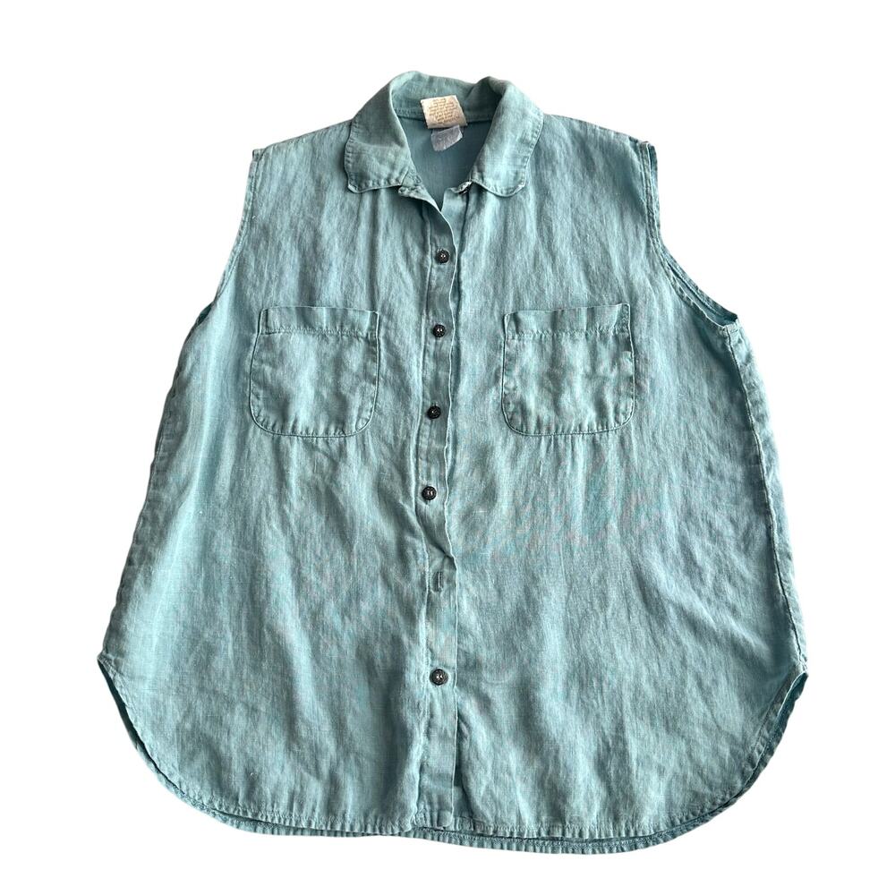 Tom Tom VTG USA Made 100% Linen Aqua Sleeveless Button‎ Up Blouse M